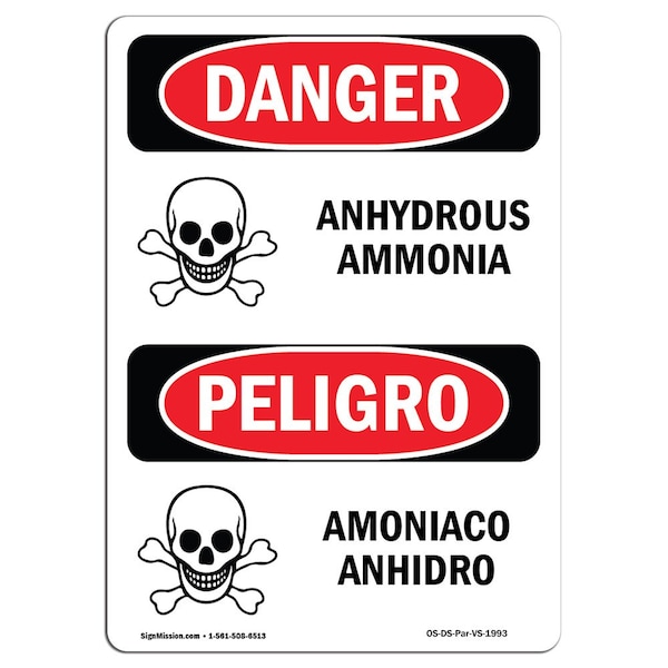 Safety Sign, OSHA Danger, 5" Height, Amoniaco Anhidro, Bilingual Spanish, 10PK